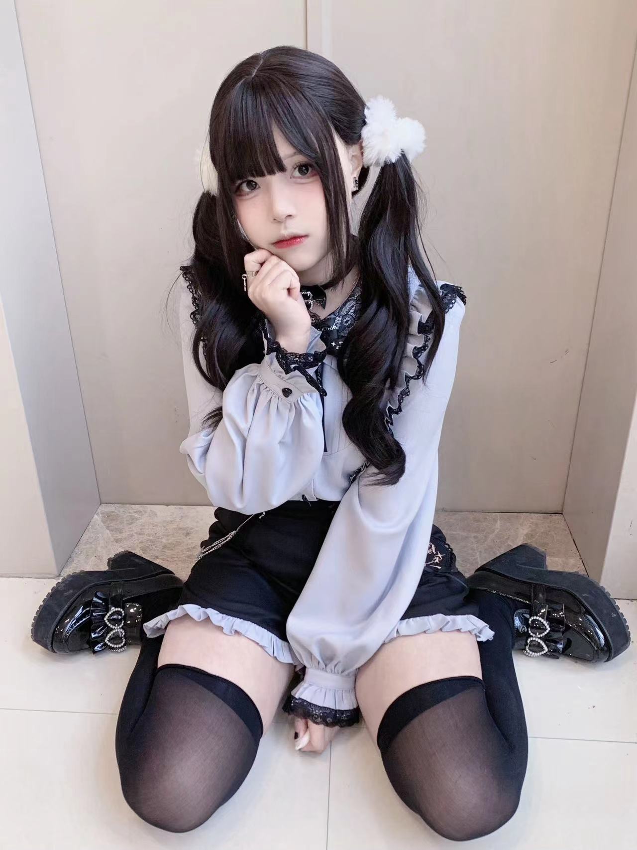 Jirai Kei Lace Collar Long Short Sleeve Blouse and Shorts (L M S XL XXL) 21648:314906