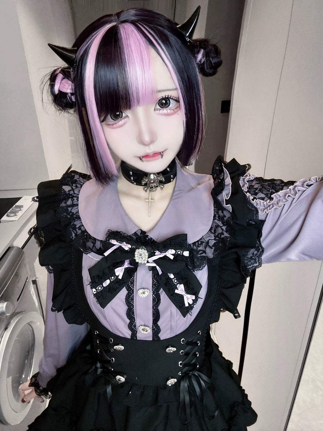 Jirai Kei Long Sleeve Blouse, Black Suspender Skirt 44031:803508