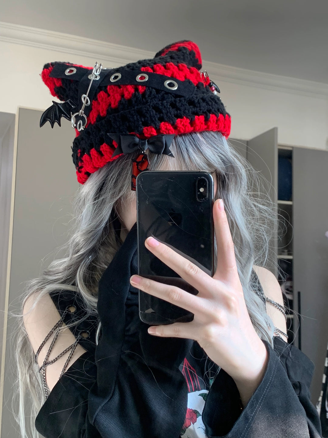 Punk Hat Striped Cat Ear Knitted Hat With Bat Wings 40138:678564