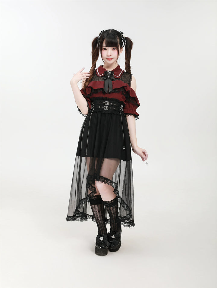 Jirai Kei Shirt with Bust Flounce Hem/Hidden Button 43035:762521