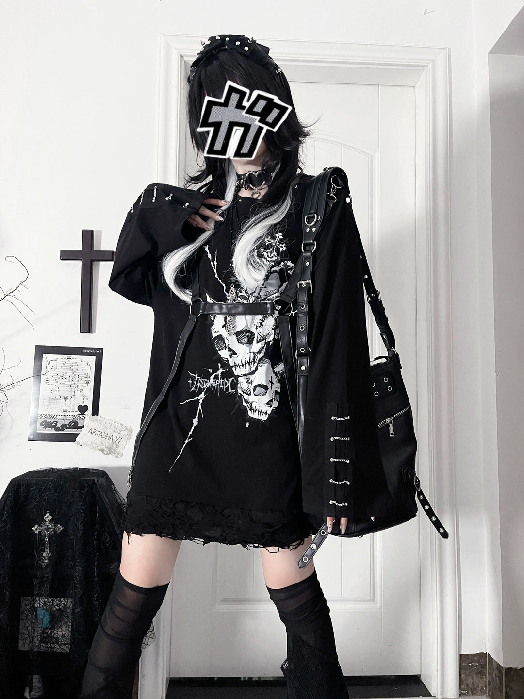 Gothic Printed Long Sleeve Tee, Detachable Strap 44336:804660