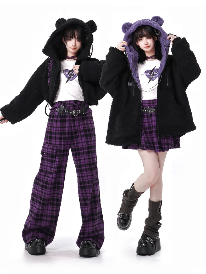 Jirai Kei Winter Coat Purple Black Outfit Sets Bear Ears Jacket 32572:421916 32572:421916