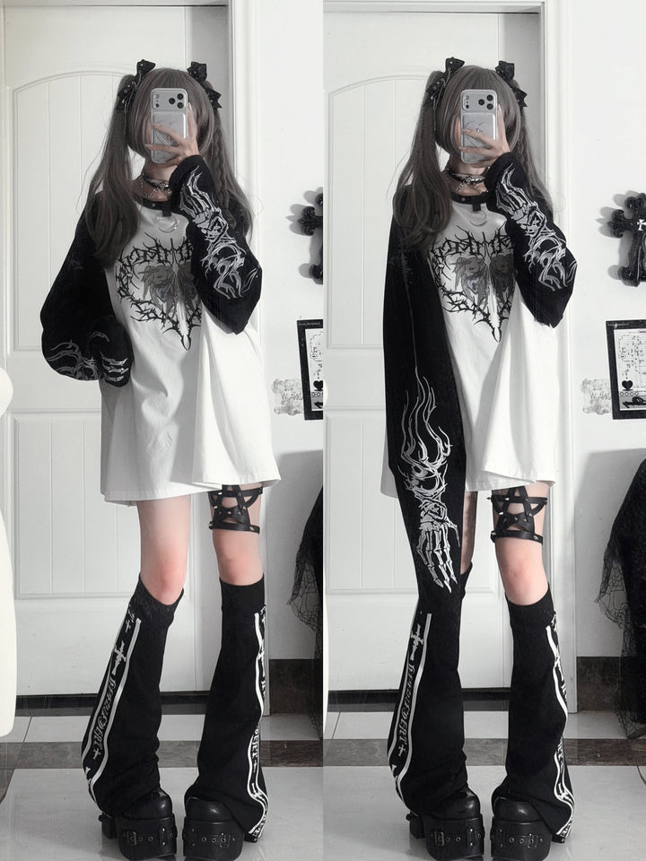Gothic Long Sleeve Cotton T-Shirt, Demon Ram Embroidery 46062:875024