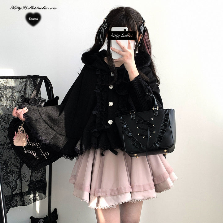 Jirai Kei Winter Coat Fleeced Cape Hooded Coat 40418:667288