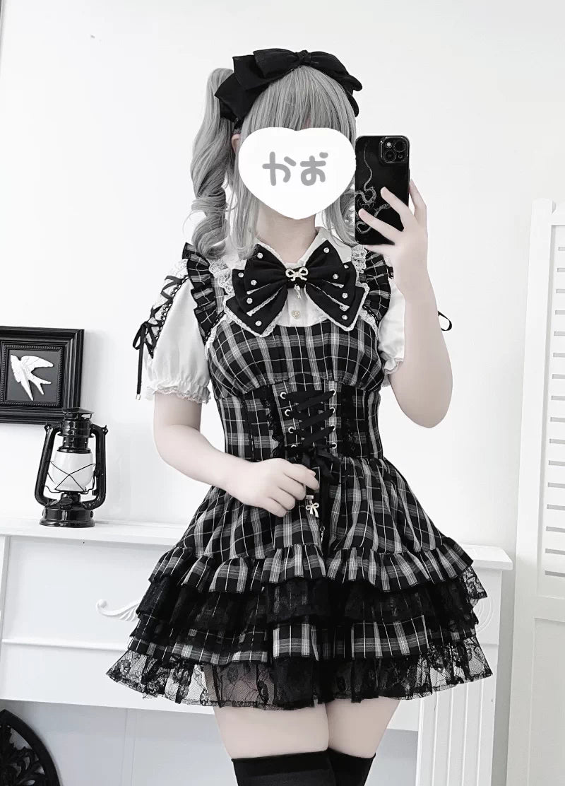 Jirai Kei Lace Plaid Dress Set, Detachable Rhinestone Bow 45700:860698