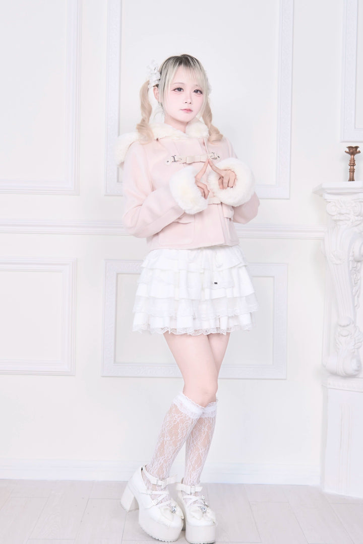 Hooded Rousangata Short Coat, Detachable Plush Cuffs 44116:796397