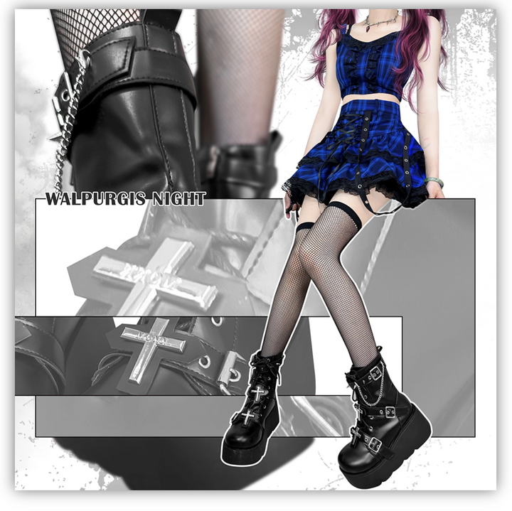 Punk Black Platform Shoes Cross And Rivet Martin Boots 32082:447182 32082:447182