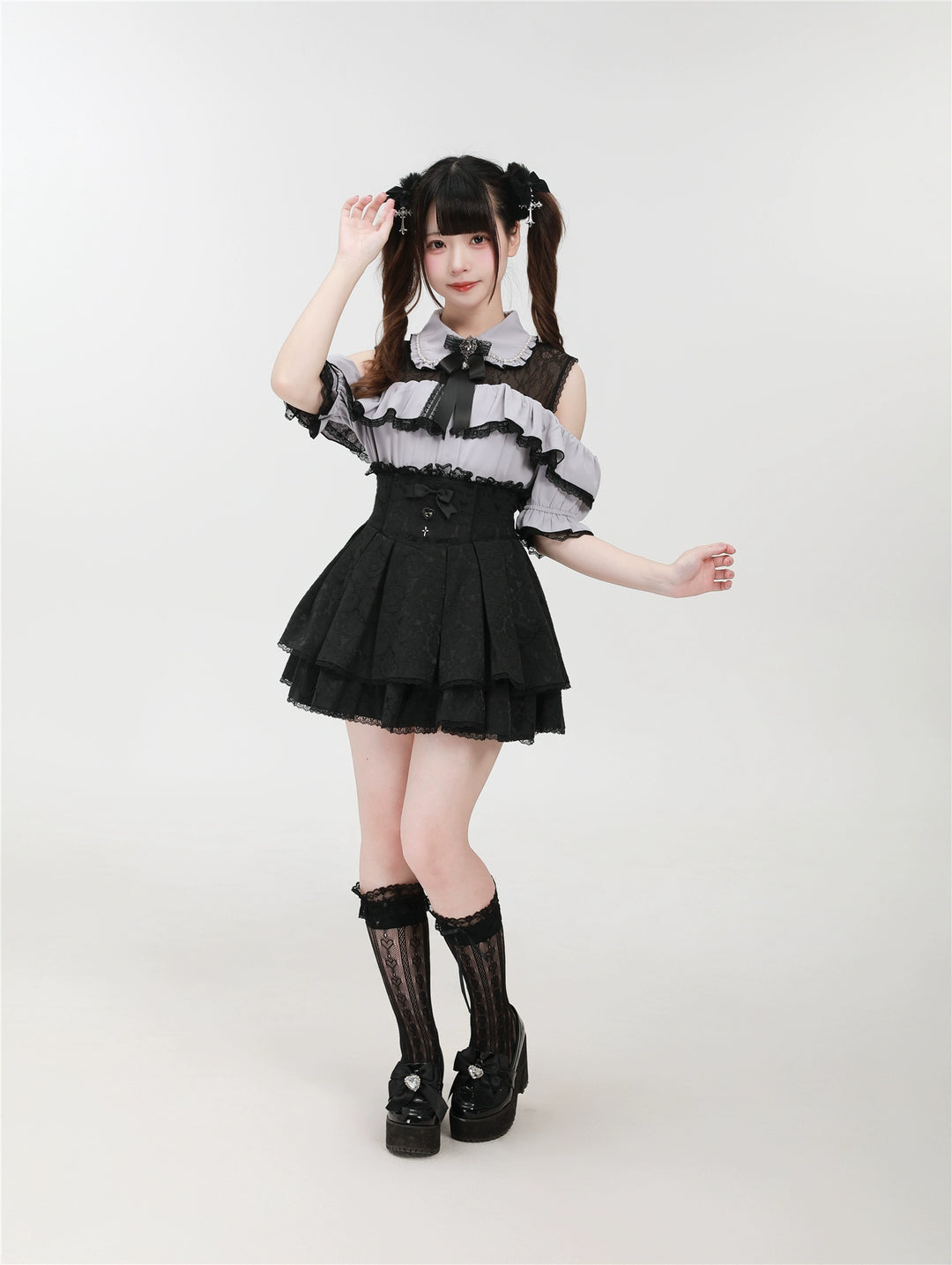 Jirai Kei Shirt with Bust Flounce Hem/Hidden Button 43035:762533
