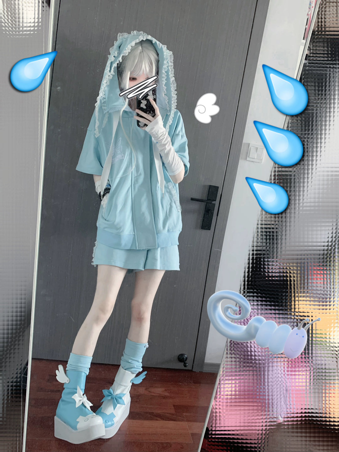 Tenshi Kaiwai Coat Summer Light Blue Short Sleeve Hoodie 29442:349864