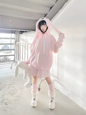 Harajuku Fashion Pink White Hoodie With Bunny Ear (Large Small) 29444:358496 (Large Small) 29444:358496