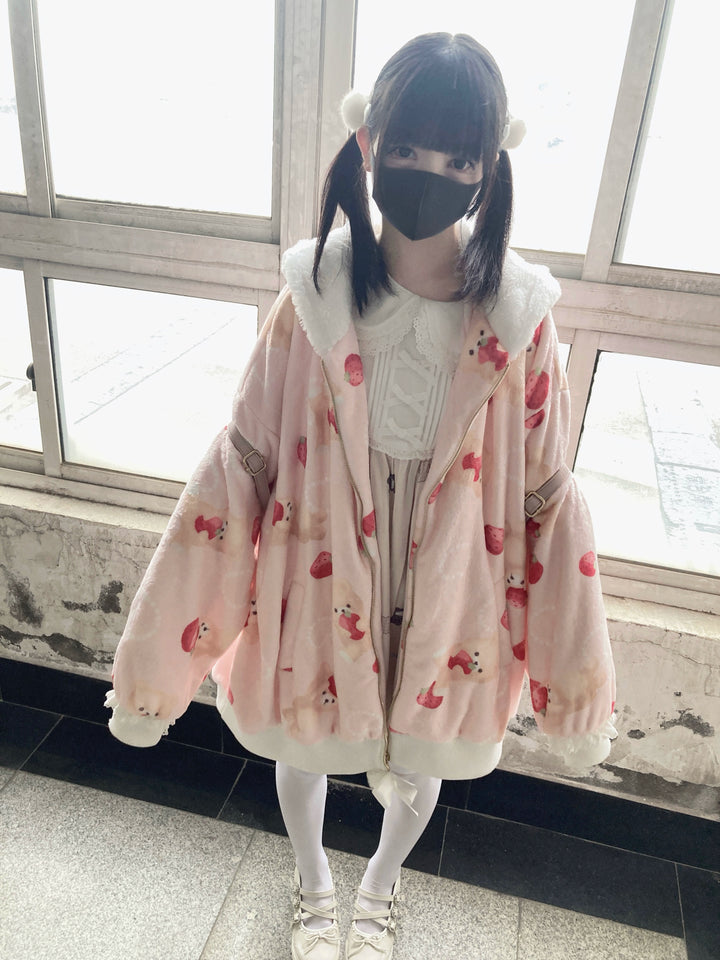 Jirai Kei Winter Coat Pink Strawberry Jacket Flannel Coat 39516:622596