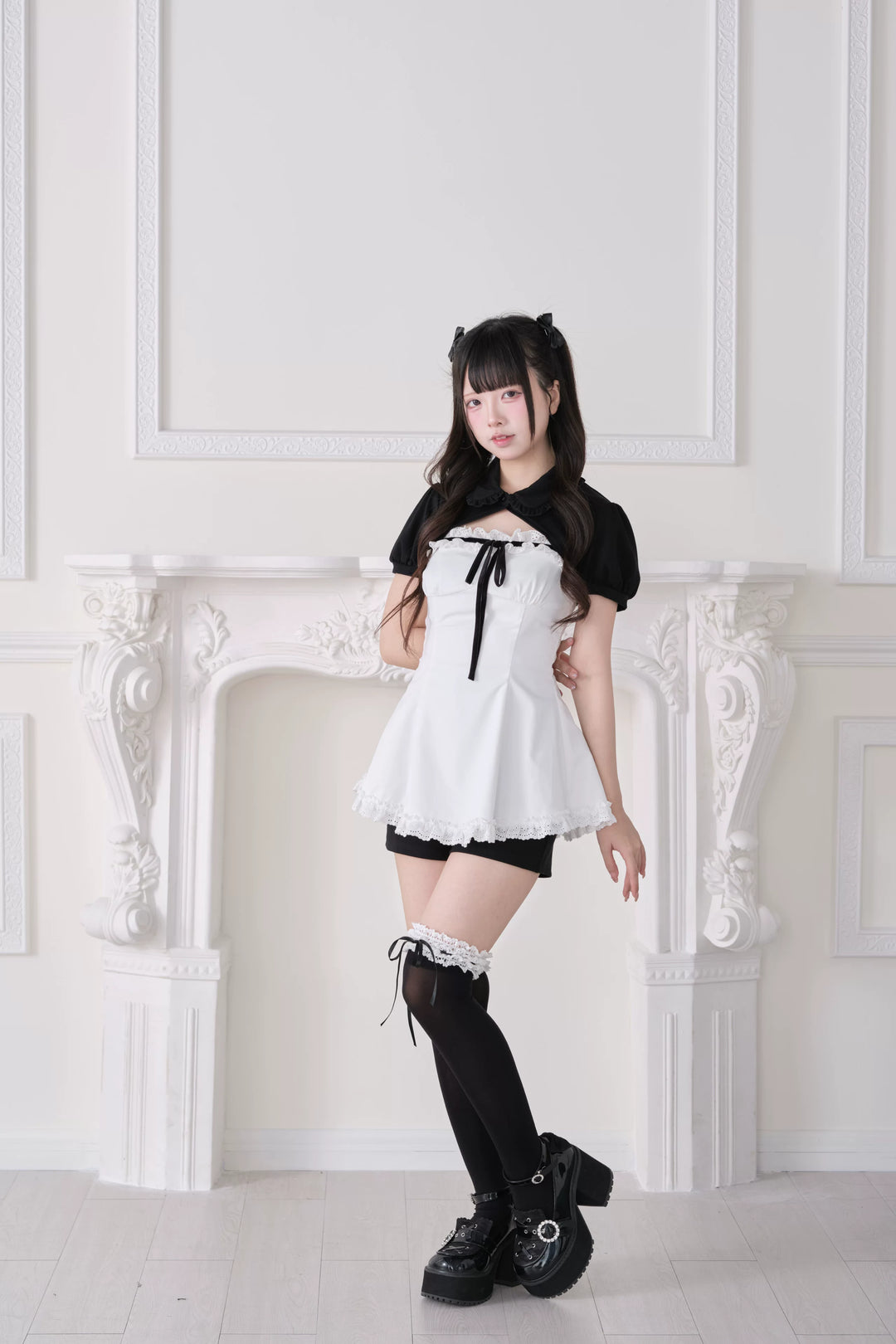 Jirai Kei Striped Dress Set, Puff Sleeve Bolero 44942:829805