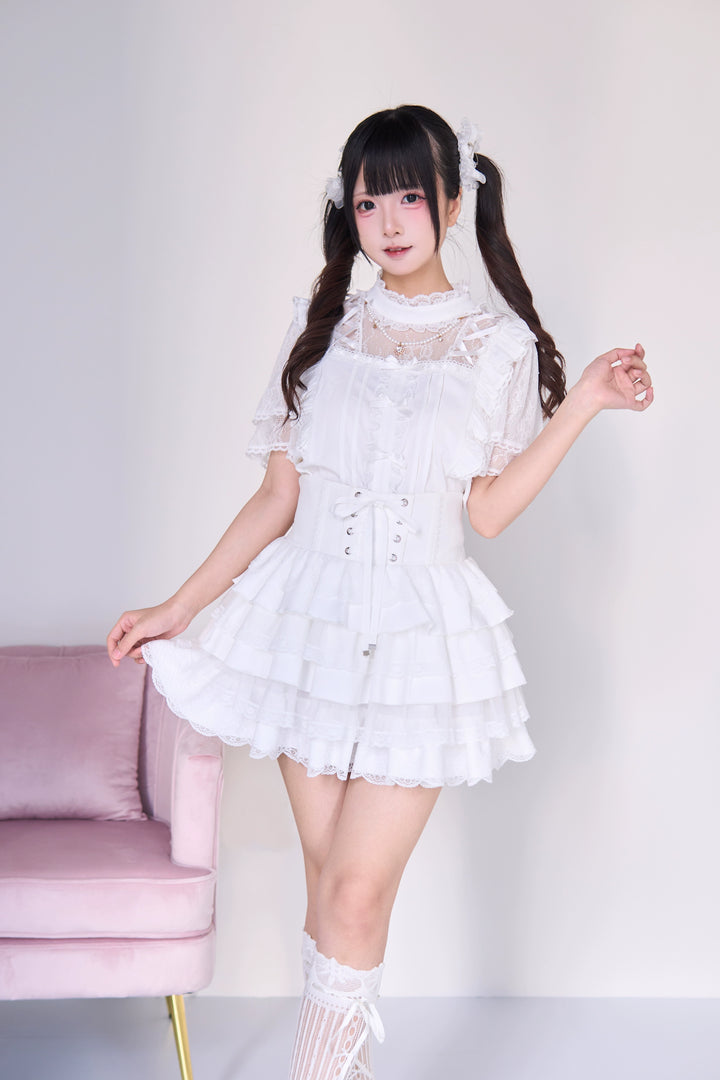 Jirai Kei Pearl Necklace Blouse & Lace-up Cake Skirt Set 43019:765671