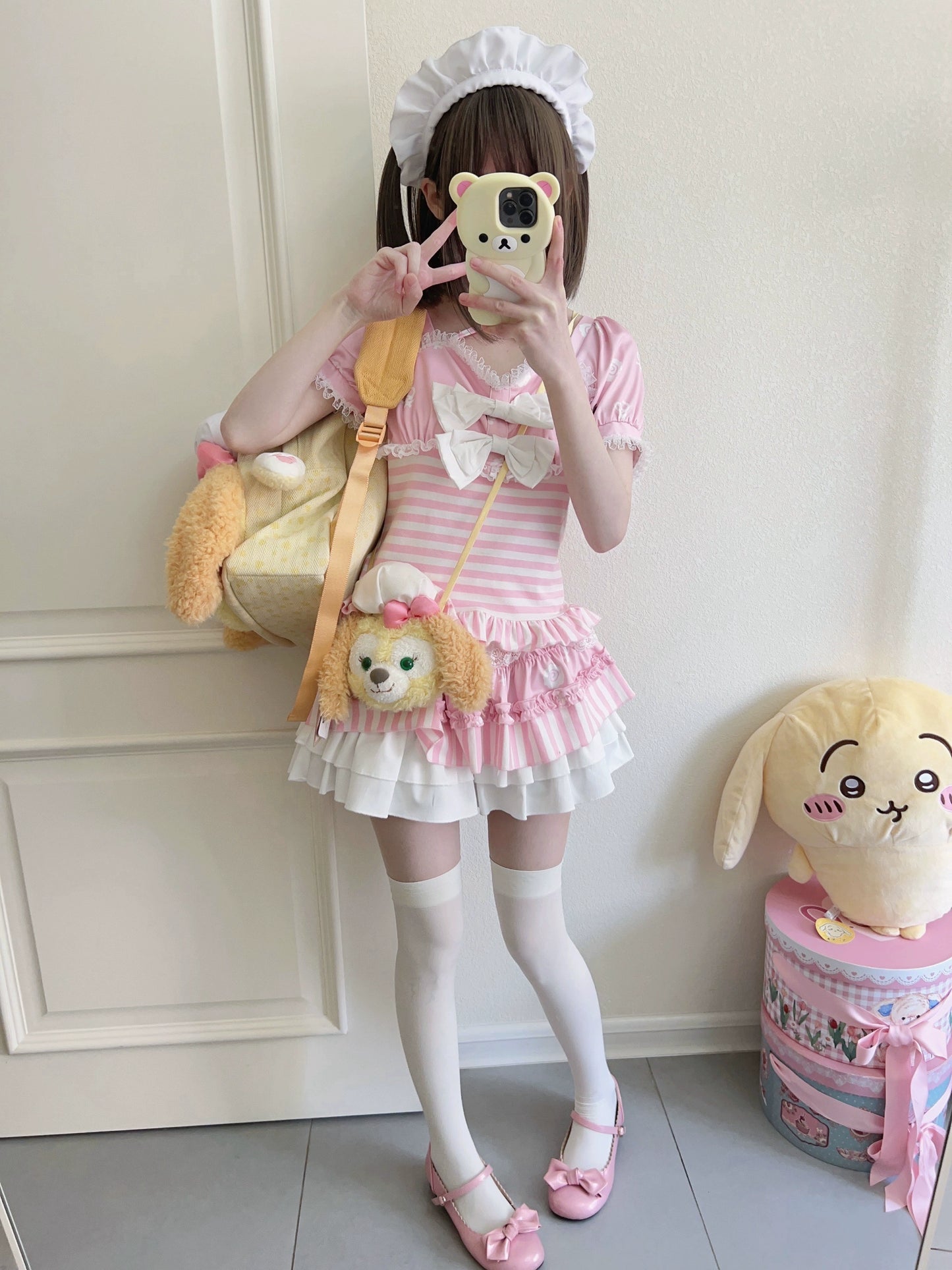 Kawaii Pink T-shirt Tiered Skirt Cute Printed Outfit Sets 37688:566988