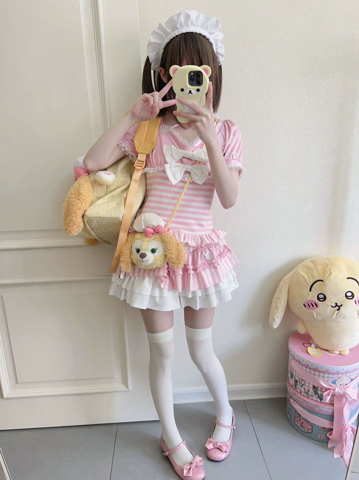 Kawaii Pink T-shirt Tiered Skirt Cute Printed Outfit Sets 37688:566988 37688:566988