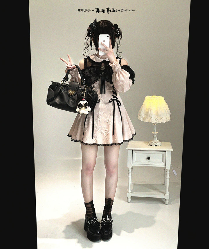 Jirai Kei Open-Shoulder Dress, Bust Lace Flounce Hem 44468:809979