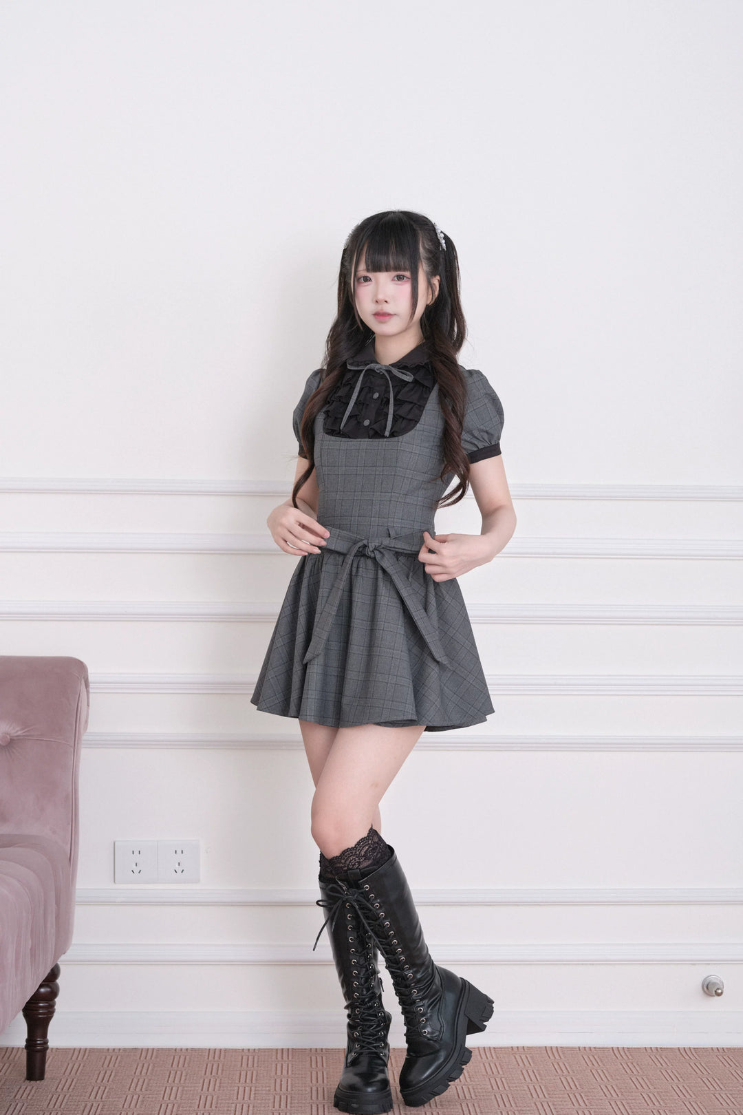 Summer Jirai Kei Plaid Dress, Layered Ruffle Chest 45197:839833