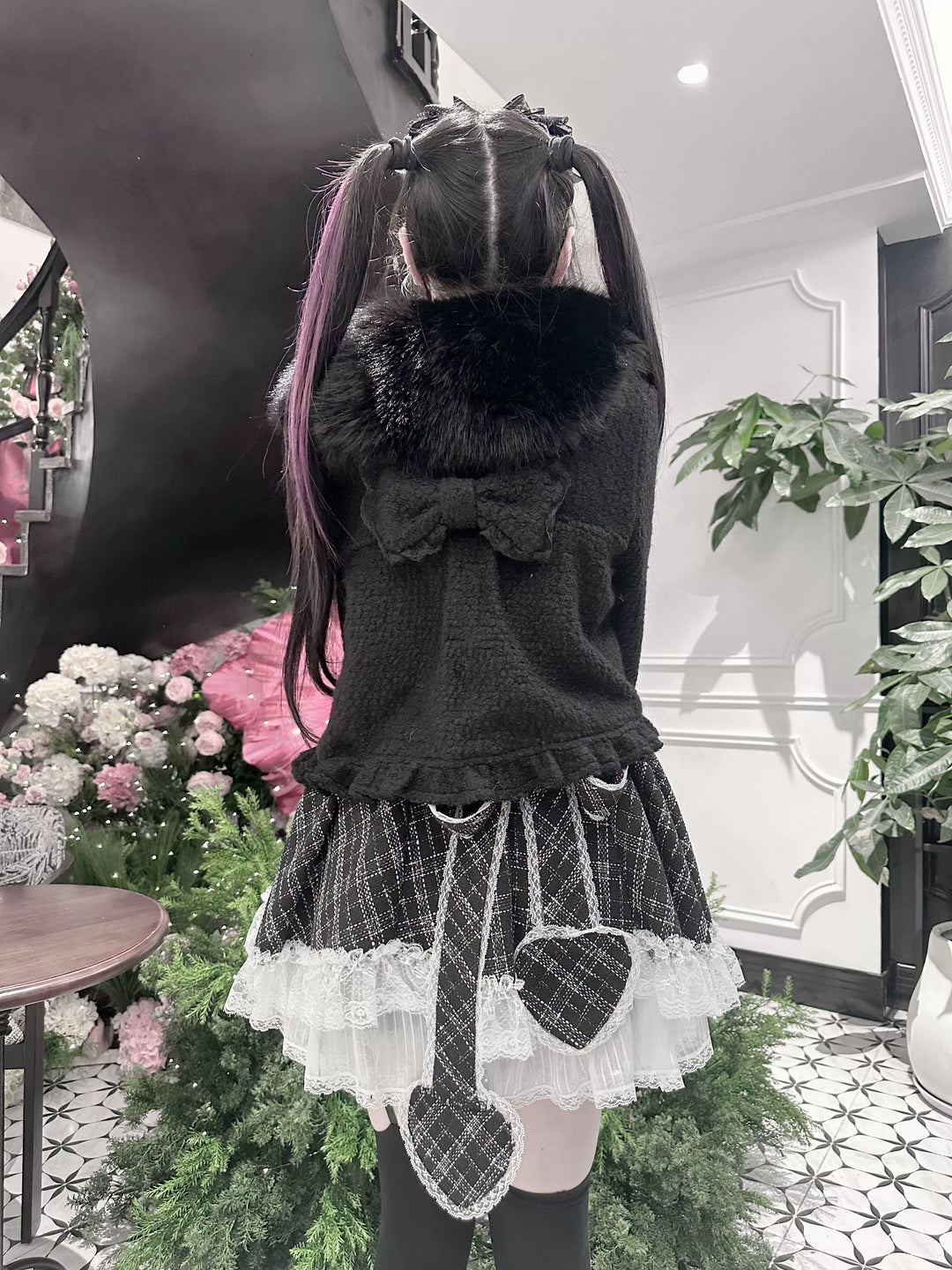 Black Jirai Kei Short Coat, Detachable Faux Fur Collar 44331:805486