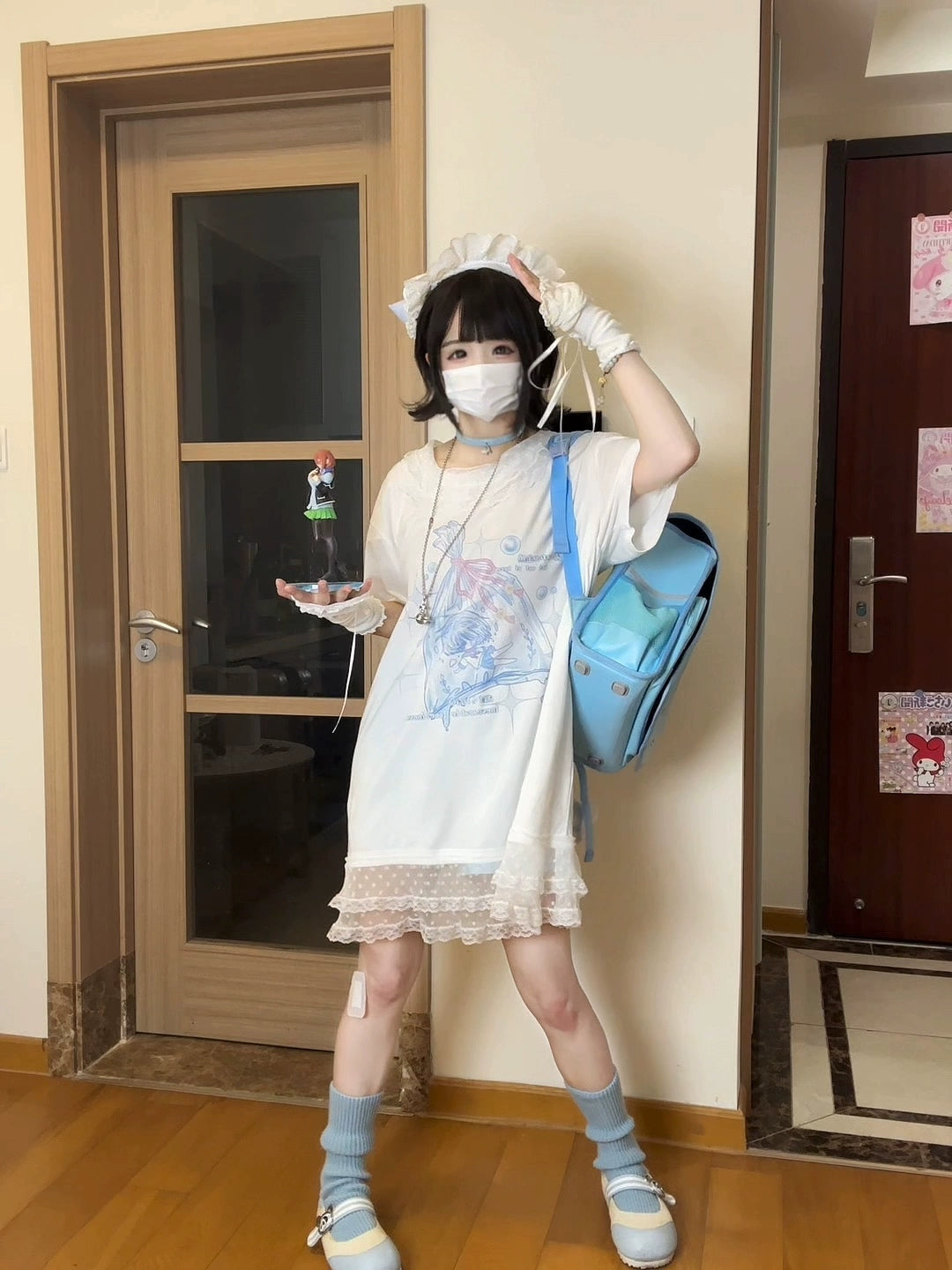 Tenshi Kaiwai Cotton Long T-Shirt, Lace Hem 43687:782920