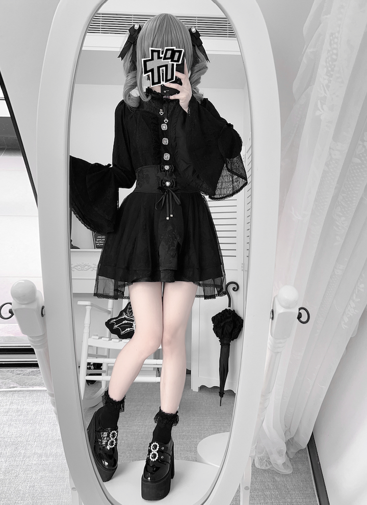 Jirai Kei Lace Blouse and Jacquard Skirt, Hime Sleeves 43943:792458