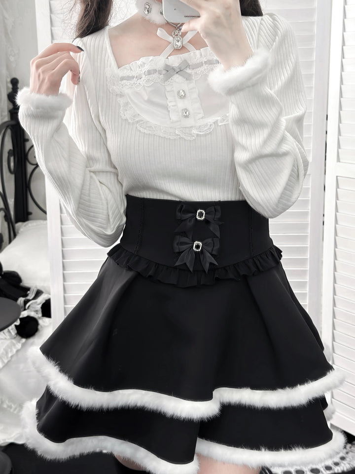 Jirai Kei Black High Waist Skirt, Faux Fur Trim (L M S XL) 46105:875441