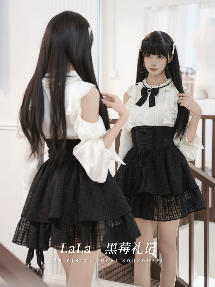 Open-Shoulder Blouse, High-Waisted Plaid Skirt 44297:804747