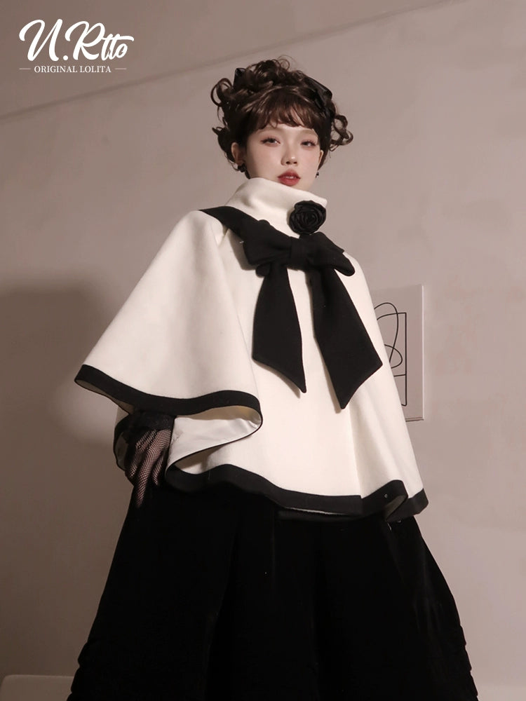 Elegant Lolita Winter Coat Black and White Camellia Cape (Beige / L M S) 40284:658254