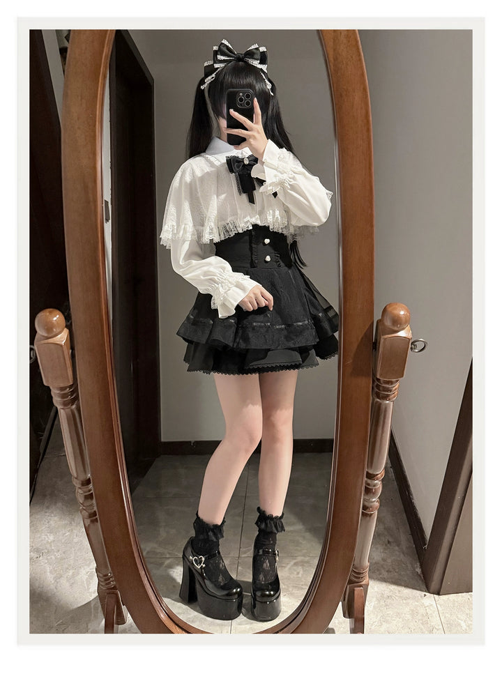 Jirai Kei Lace-cape Blouse, High-waist Skirt Outfit 43933:790392