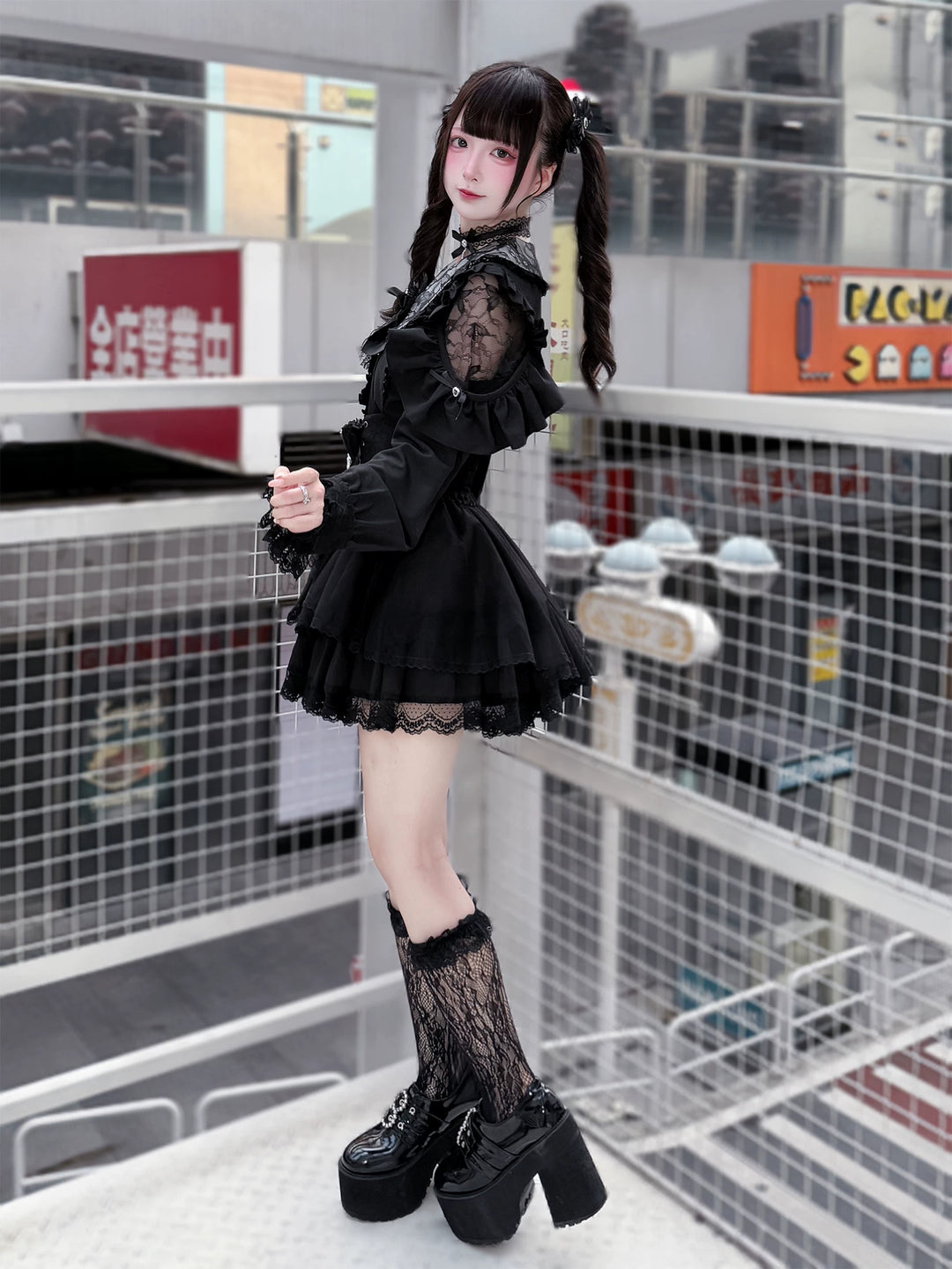 Jirai Kei Long Sleeve Blouse, Lace Open-Shoulder 44588:815068