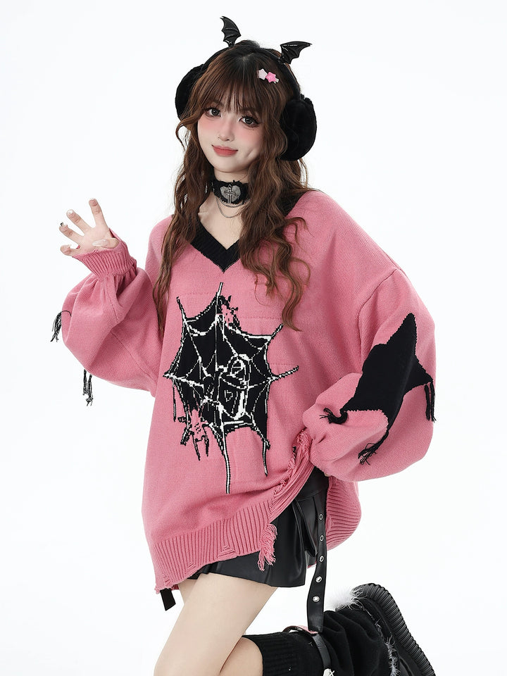 Black Pink Sweater Star Knit V-neck Pullover Sweater 32462:423420