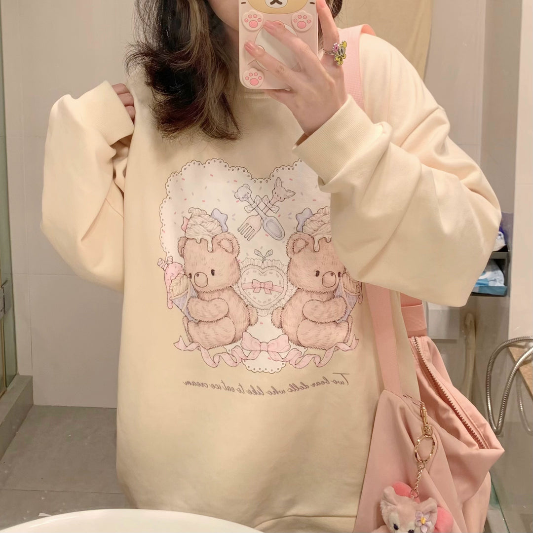 Kawaii Sweatshirt Ice Cream Bear Loose Round Neck Top (L M S) 39718:645074