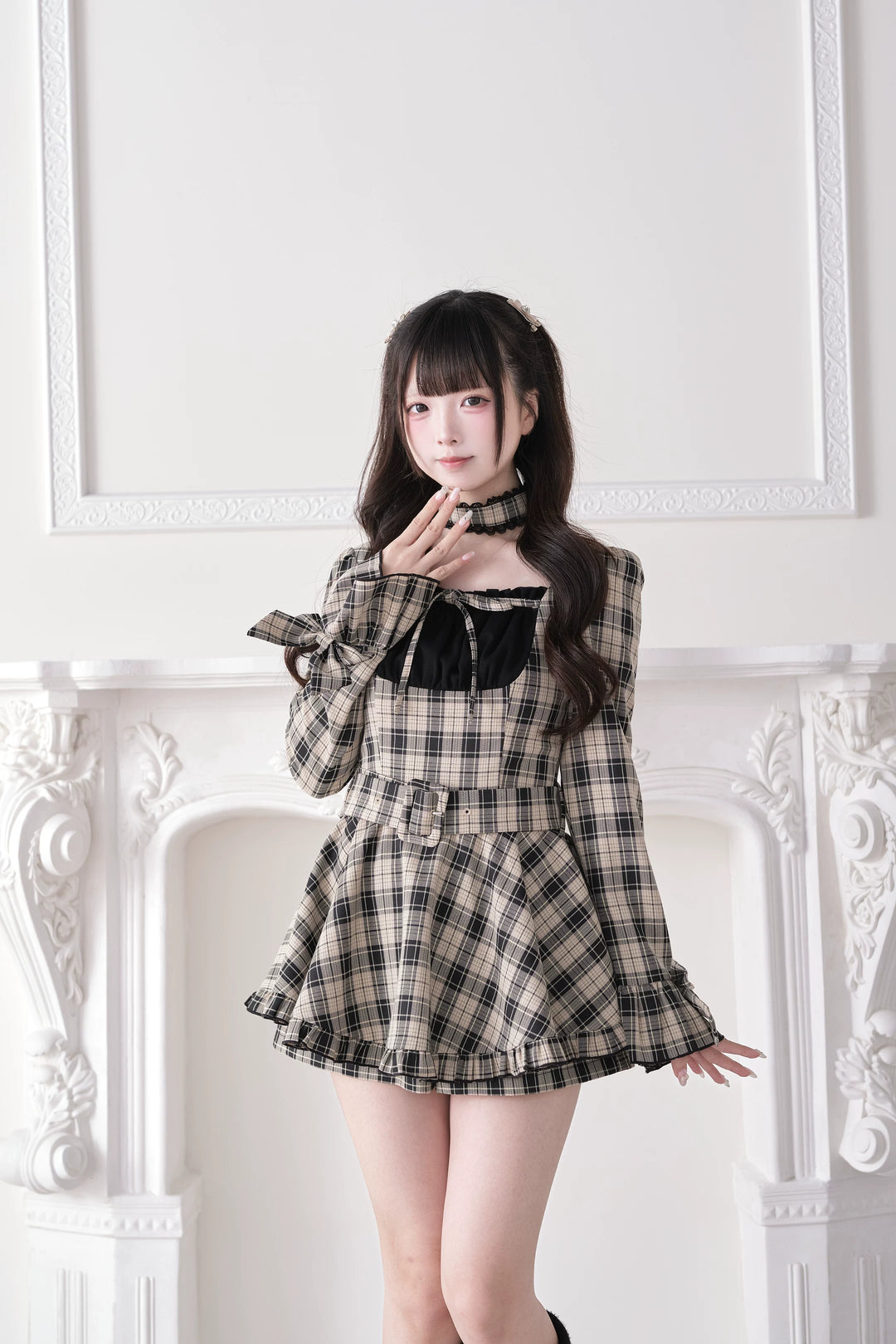 Jirai Kei Plaid Dress and Shorts Set, Lace Trim Choker 44689:819268