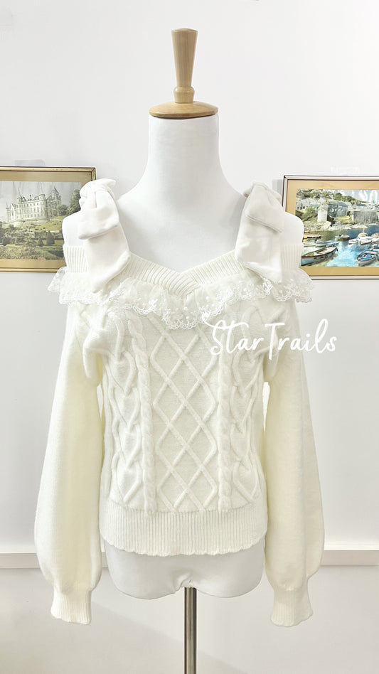 White Jirai Kei Sweater Open Shooulder Sweater With Bow Tie (L M S) 32922:406168