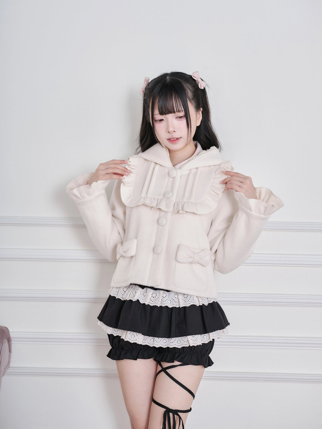 Ryousangata Hooded Solid Coat, Ruffled Neckline 45955:870320