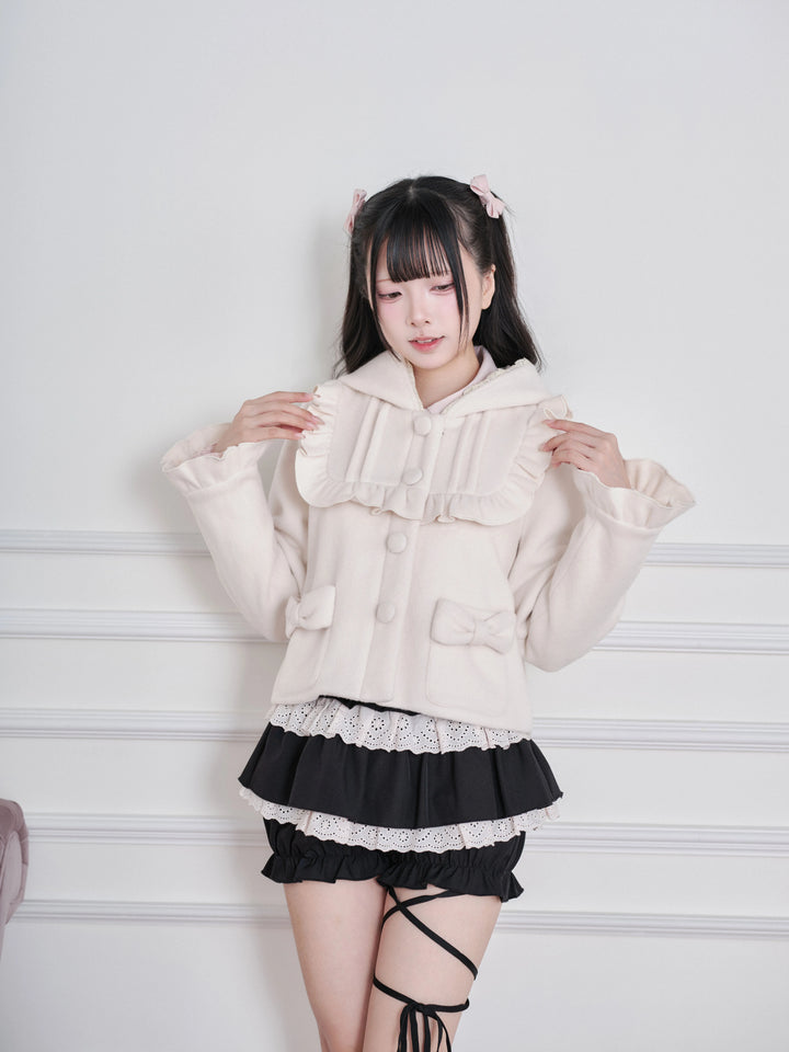 Ryousangata Hooded Solid Coat, Ruffled Neckline 45955:870320