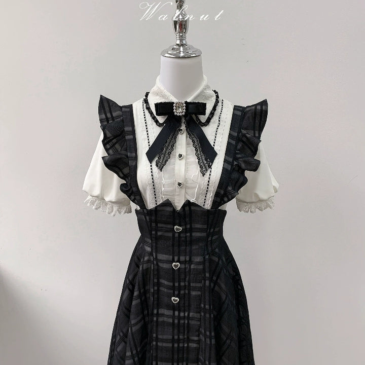 Black Jirai Kei Plaid Suspender Skirt Set with White Blouse 42918:757772