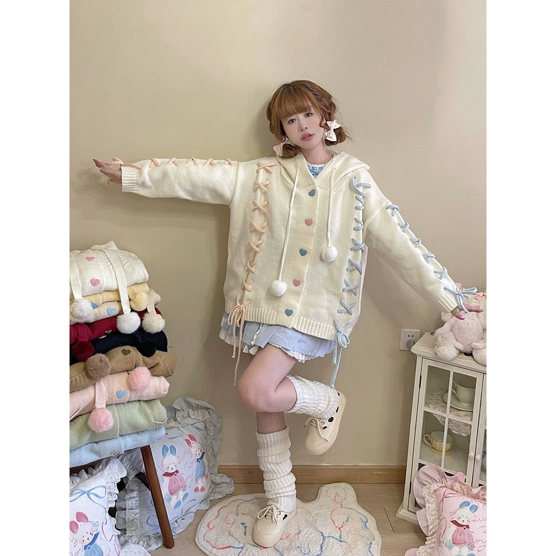 Kawaii White Pink Blue Cardigan Bunny Ears Sweater Coat (White) 22658:345342 (White) 22658:345342