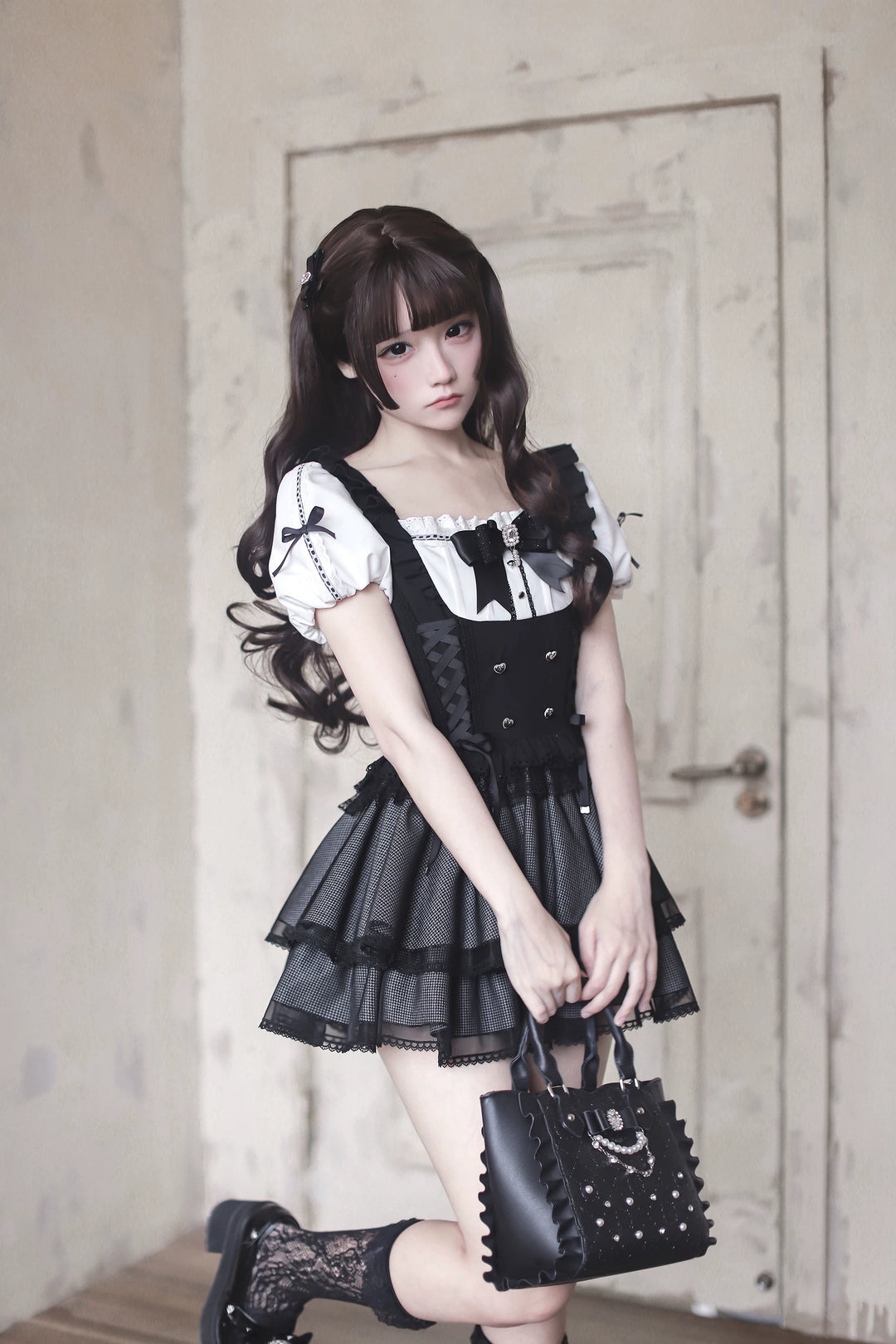 Jirai Kei Puff Sleeve Dress, Layered Tulle Hem 45340:847369