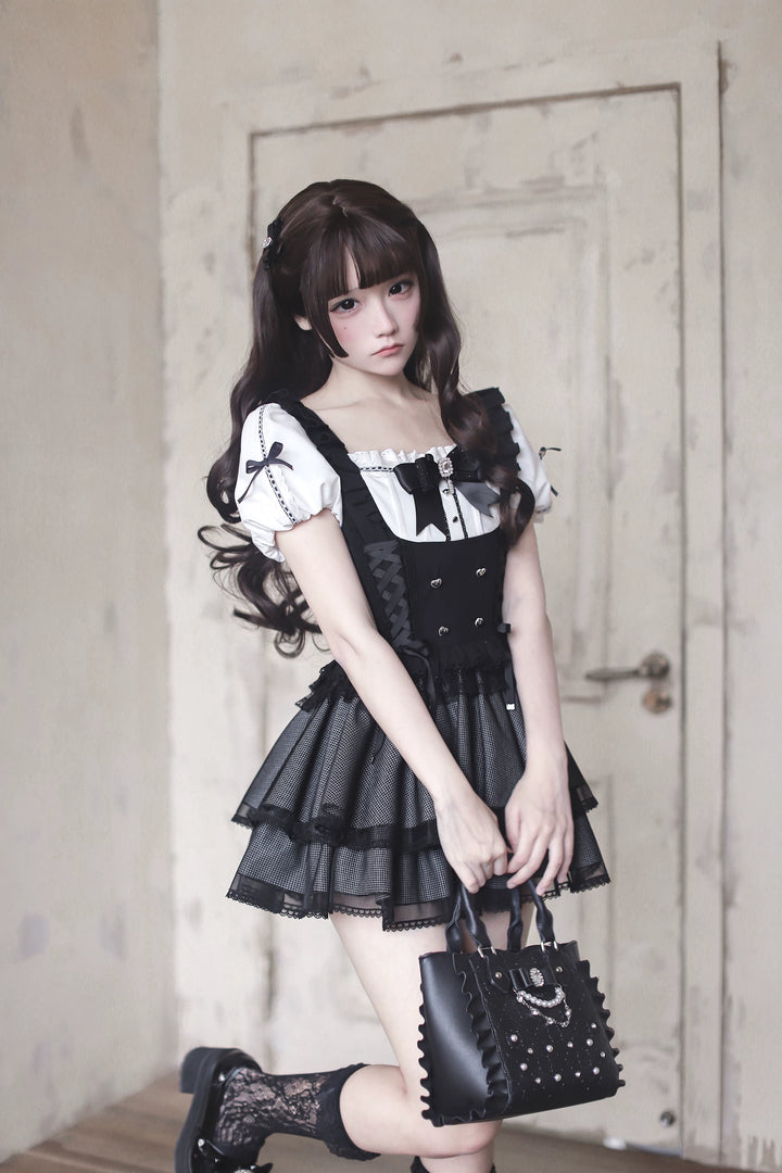 Jirai Kei Puff Sleeve Dress, Layered Tulle Hem 45340:847369