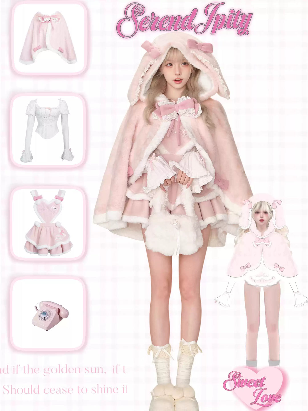 Kawaii Pink Cape Coat Winter Tierid Dress White Knit Sweater 40878:699808