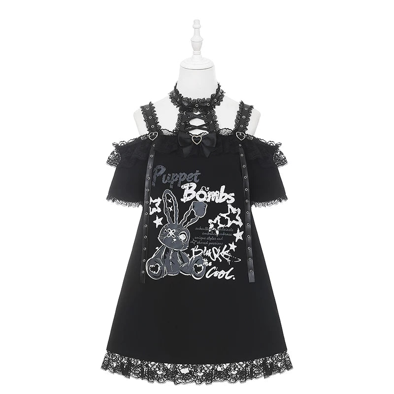 Halter Neck Punk Bunny Print T-shirt, Layered Star Skirt (L M S) 45361:851453