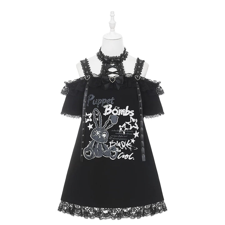 Halter Neck Punk Bunny Print T-shirt, Layered Star Skirt (L M S) 45361:851453