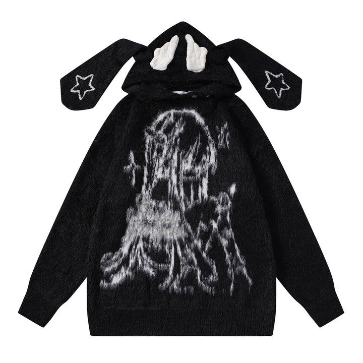 Animation Plush Sweater Bunny Wing Printed Sweater (L M S XL / Black) 32414:384780 (L M S XL / Black) 32414:384780