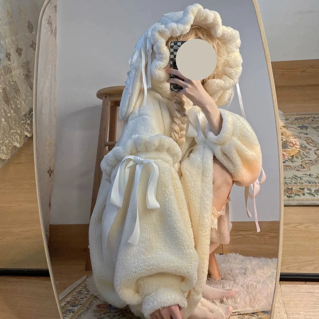 Sweet Lolita Coat Beige Plush Bunny Ear Long Coat For Winter 40292:678346