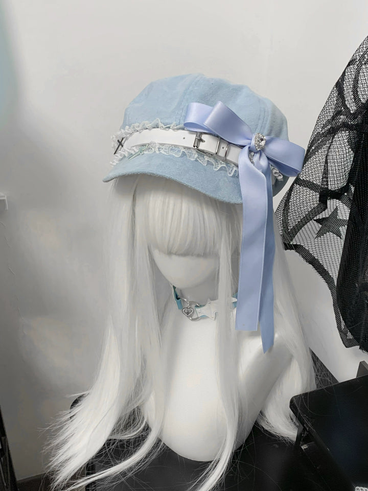 Jirai Kei Hat Black Blue Beret With Heart-shaped Rhinestone (Blue) 35188:483762