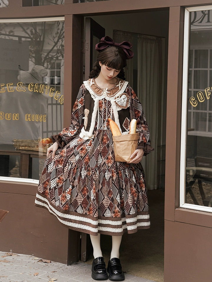 Lolita Dress Bear Embroidered Long Sleeve Dress And Vest 32068:382200 32068:382200