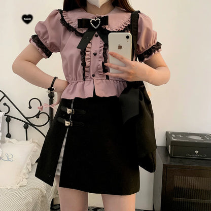 Jirai Kei Shirt Sweet Lace Blouse Short Sleeve Peter Pan Collar (Pink / Preorder) 35260:536024