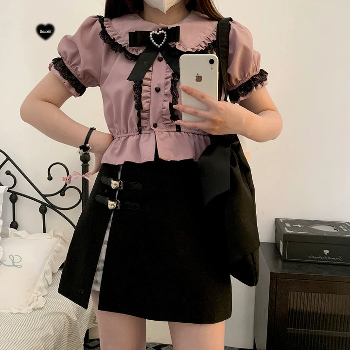 Jirai Kei Shirt Sweet Lace Blouse Short Sleeve Peter Pan Collar (Pink / Preorder) 35260:536024 (Pink / Preorder) 35260:536024