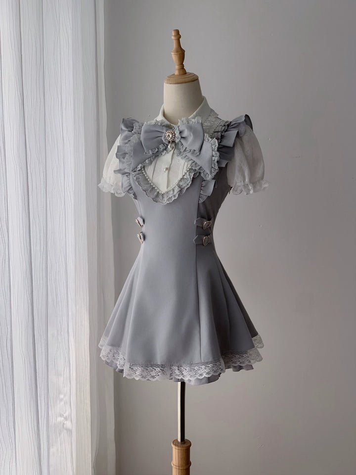Dusty Blue Ryousangata Dress, Pearl-trim Neckline (L M S) 45556:855390