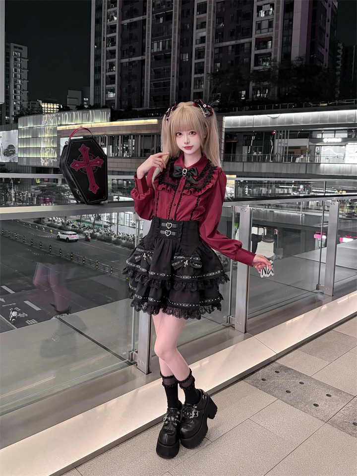 Long-sleeved Jirai Kei Blouse, Cake-Styled Skirt 44680:819299